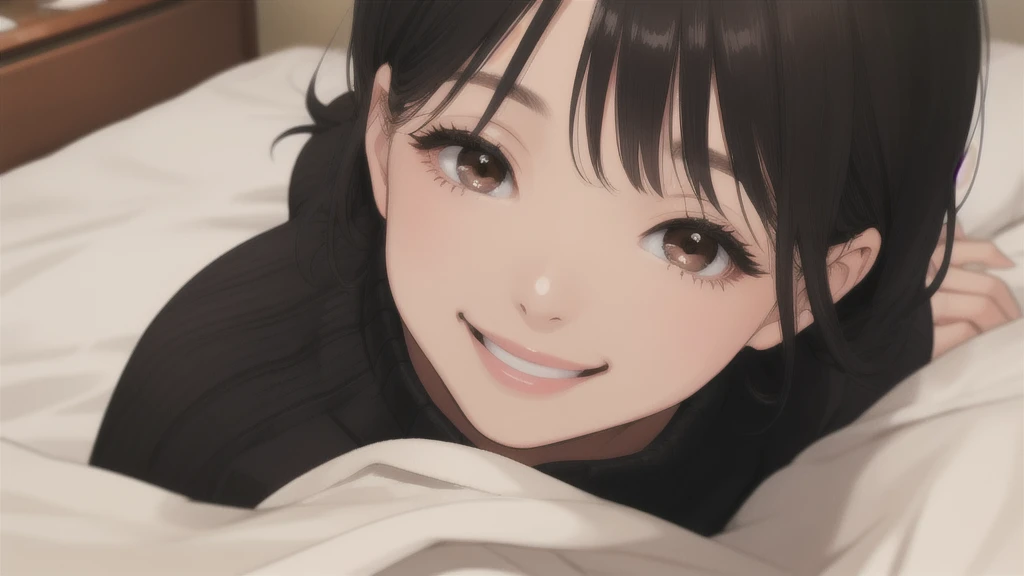 woman、One person、On the bed、Black knit、Looking up、Brown eyes、Black Hair、smile、front、Upper body close-up