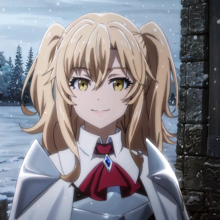 GoblinSlayer, NobleFencer, solo, girl1, looking at viewer, smile, long sleeves, brown eyes, long white cape, armor, shoulder armor, portrait, red ascot, snow, outdoor 