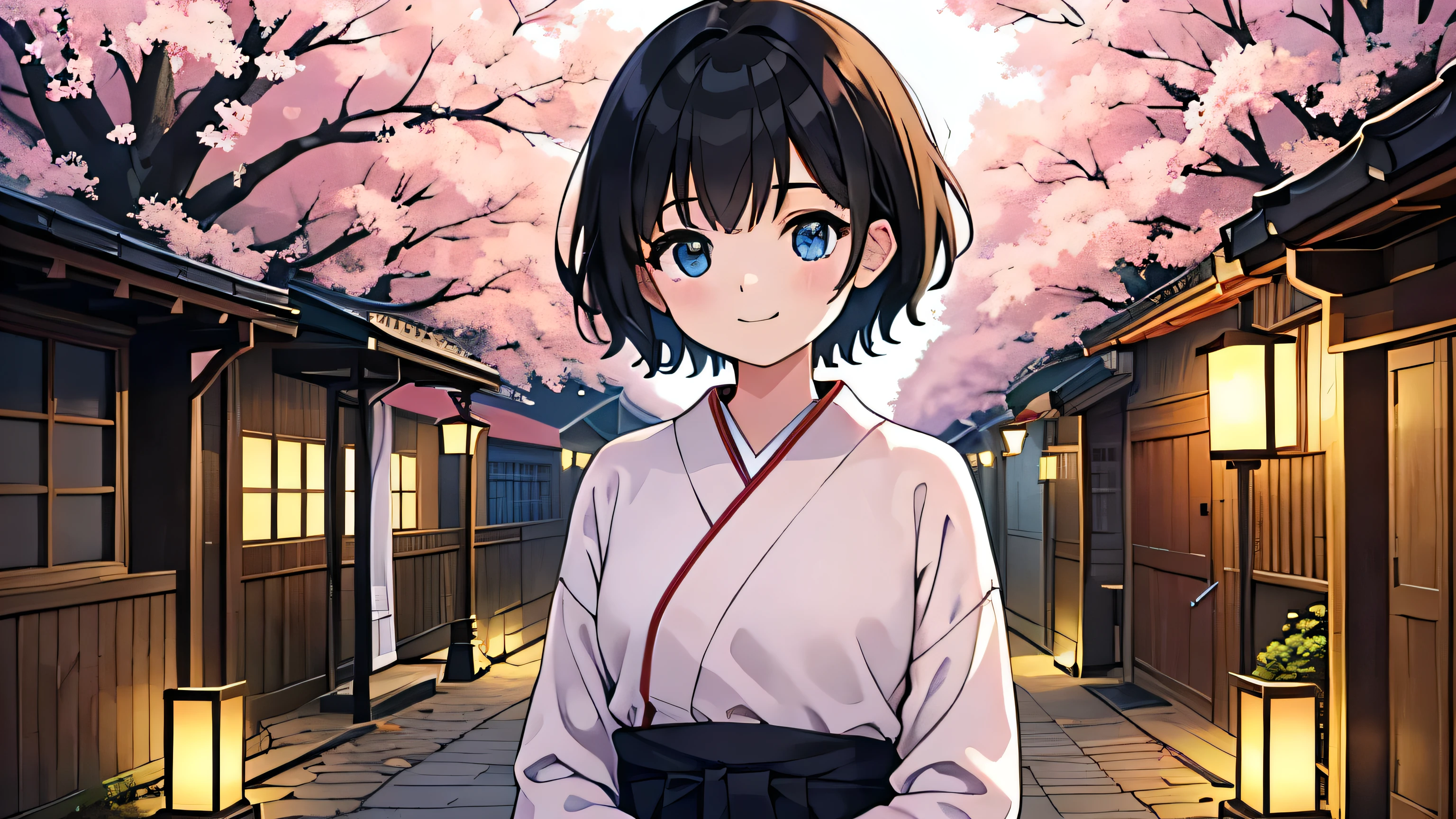 1girl, solo, blue eyes, (detailed eyes), flat chest, short hair, black hair, standing, upper body, gentle smile on her face((masterpiece, illustration, best quality)) (best quality, high-res, vivid colors:1.2), HDR, cozy, Japanese female, warm knit sweater, jeans, lantern lit alleyway, peaceful atmosphere, soft glow, quiet streets, traditional architecture, cherry blossoms in the background, autumn leaves falling, serene ambiance, tranquil night, graceful posture, glowing lanterns, comfortable clothing, gentle smile, cityscape, tranquil evening, warmly lit lamps, peaceful walk, calm and serene demeanor