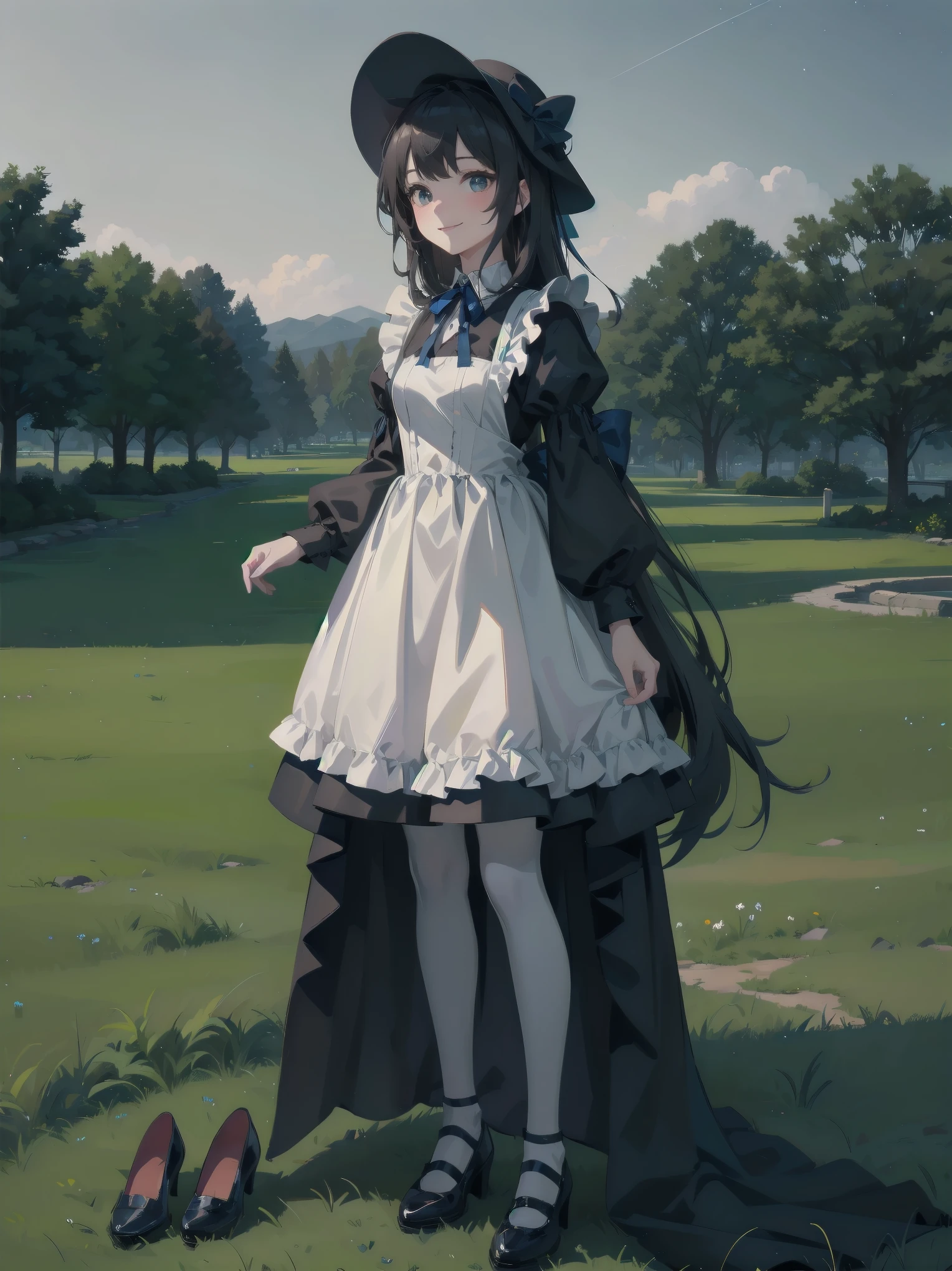 A serene outdoor scene unfolds at dusk, with a brilliant blue sky transitioning into a canvas of twinkling stars. A beautiful young girl, dressed in a stunning white and black gothic maid dress adorned with a navy blue ribbon, stands amidst lush green grass. Her companion, a delightful toddler, dons a charming maid hat with ruby accessories, complemented by black stockings and shoes. The little one beams with joy, smiling brightly as they gaze up at the celestial display together