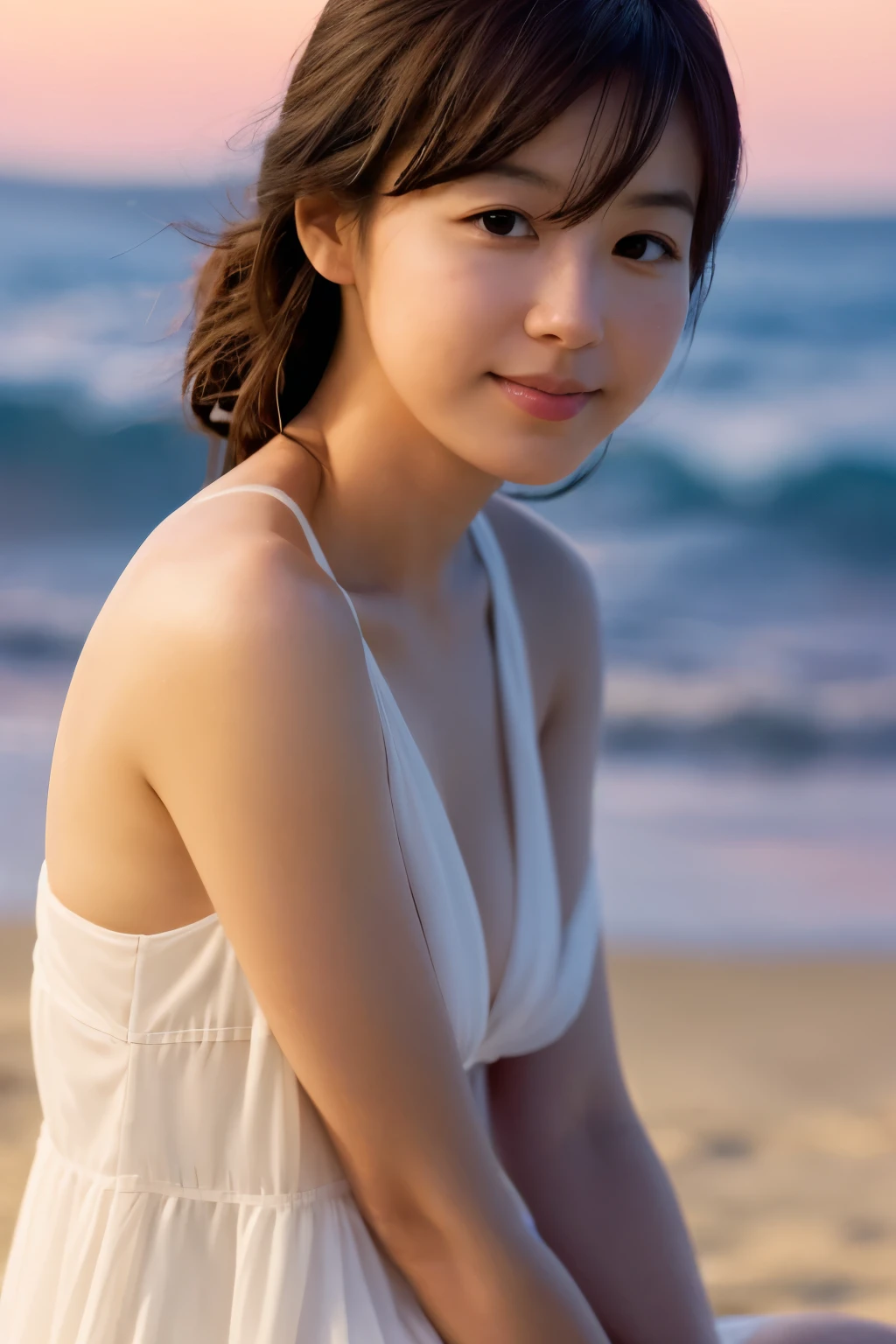 Create a high-quality, hyper-realistic portrait of a very beautiful Japanese idol. She is wearing a clean white summer dress and is squatting on the beach during sunset at sea. The deep indigo of the night sky contrasts with the last vestiges of crimson near the horizon, with swaying waves in the background. The girl has semi-long hair and a slender body with small breasts. The photo should capture her with detailed eyes, a detailed face, and a beautiful, sophisticated nose. The image should have a realistic, delicate, and finely detailed quality, suitable for a fashion magazine cover. Use cinema lighting and soft light to enhance her features. Ensure the photo is of the highest quality, with a resolution of 8K, making it perfect for a 2K wallpaper.