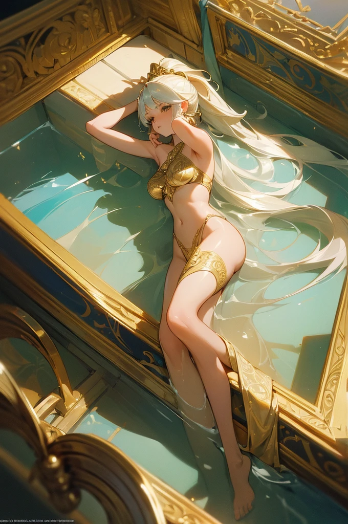 (high quality, masterpiece, ArtStation, Fantasy Art, from above:1.2), dim palace room, candle lighting, A beautiful young girl in a water pool, laying down, (long messy platinum ponytail hair), (intricate gold body:1.2)