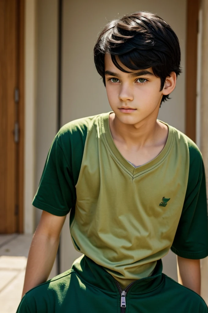 Boy with black hair, green eyes, tall, 14 years old