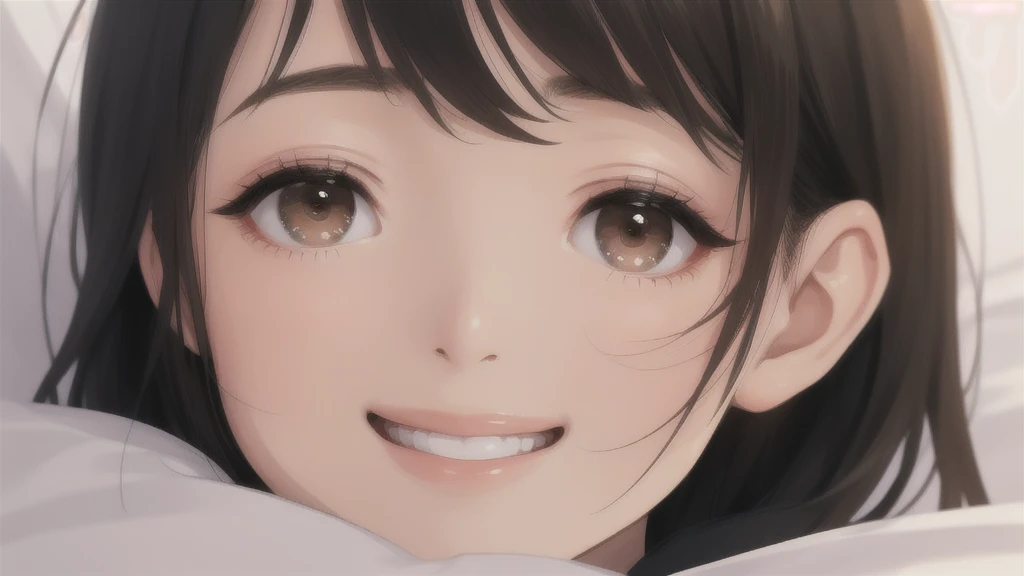 woman、One person、On the bed、Black knit、Looking up、Brown eyes、Black Hair、smile、front、Upper body close-up