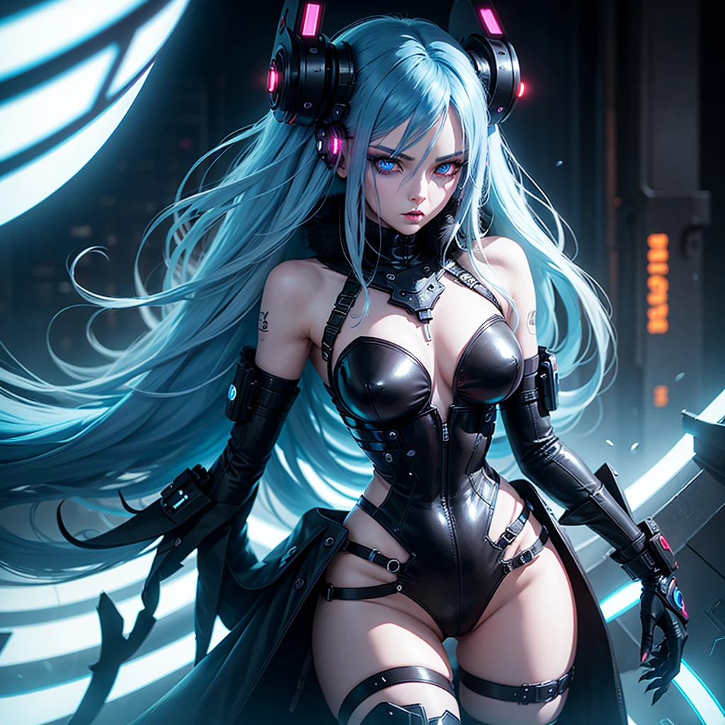 Girl Android demonic gloomy with long blue hair woman with sexy hips half cyborg modification Beautiful fur blue eyes stands in full growth Anime Style black background Cyberpunk style, black background image of night black city and blue neon lights fluorescent lamps 