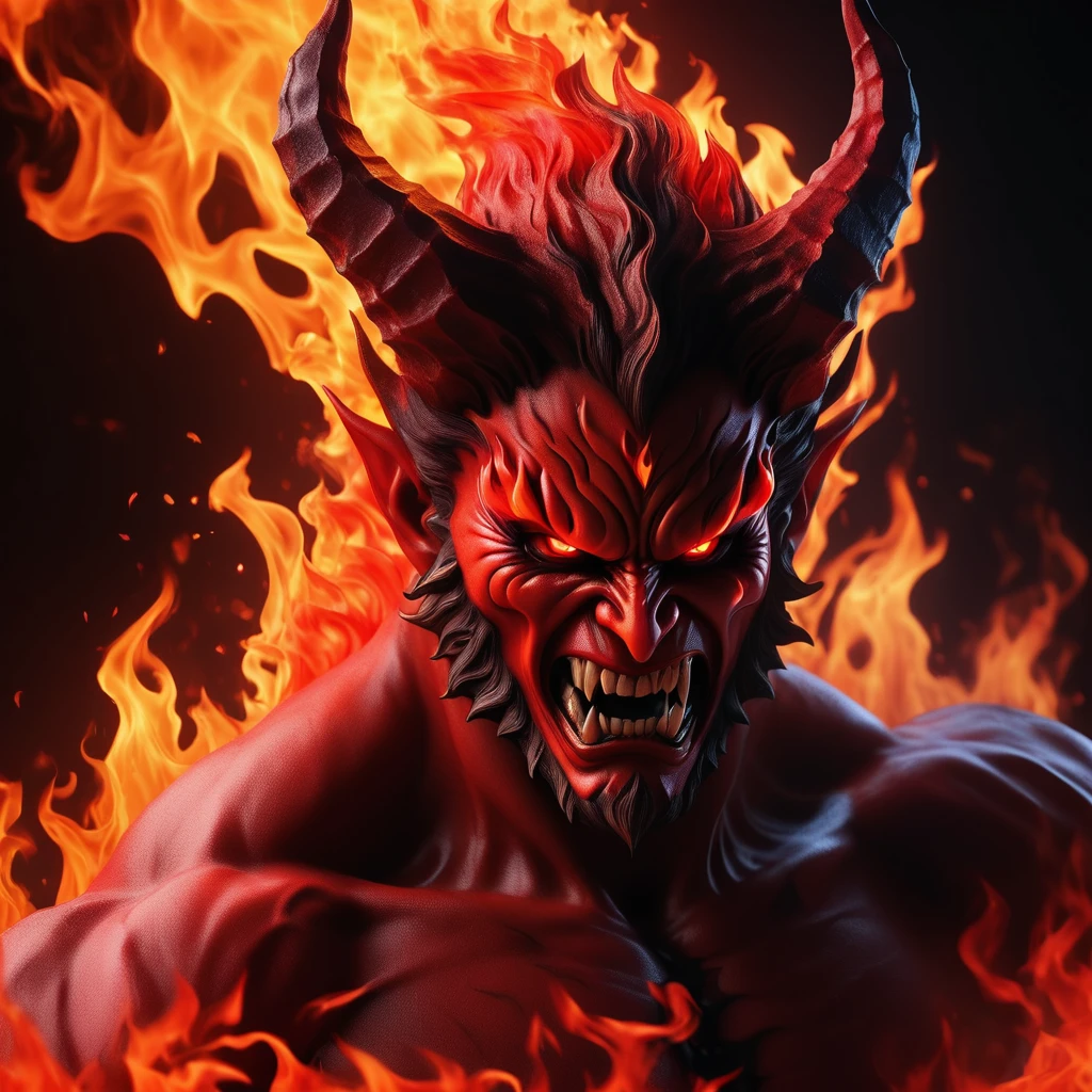 (A demon head made of flames with a threatening gesture),1 man, (Alone) Red Demon, wicked, proud, black and diffuse background, Masterpiece, The best quality, Highly detailed