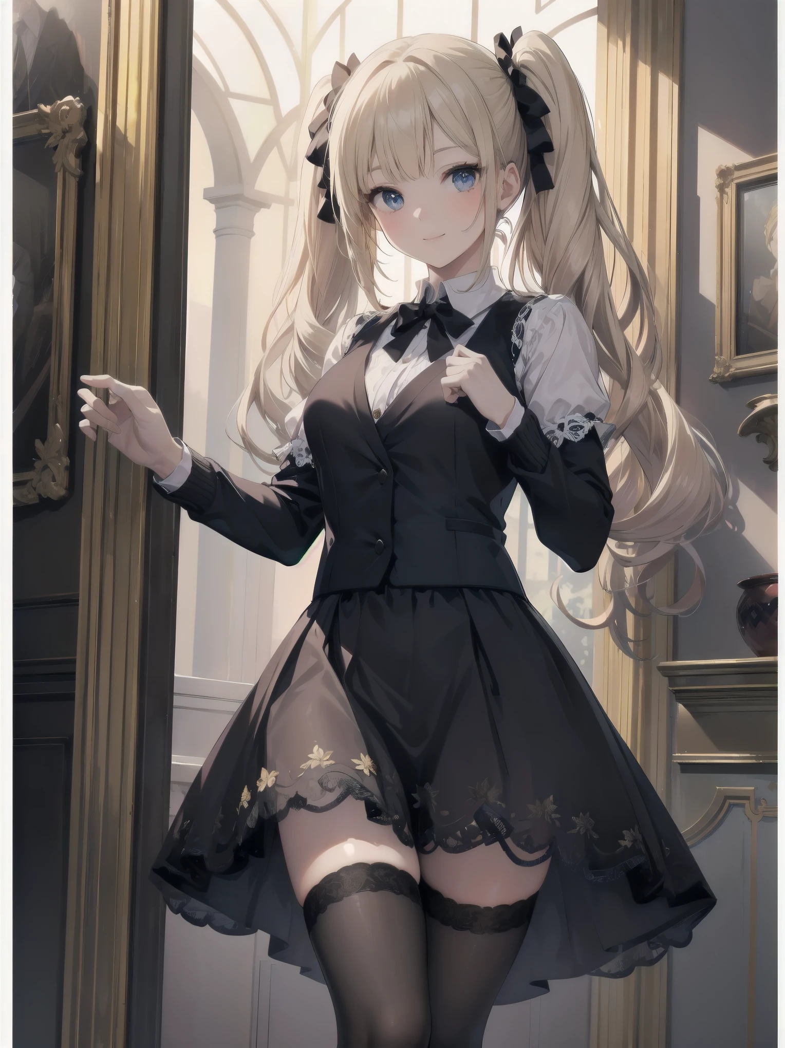 A lavish, photorealistic illustration of Soro, a charming 19th-century maiden, exudes elegance in a masterfully crafted scene. Framed by a ornate, gilded archway, she stands poised, her twintails adorned with sparkling bows, her cardigan vest and short-sleeved shirt perfectly complementing her plaid skirt. Over black legwear, her loafers add a touch of whimsy. A radiant smile spreads across her face, her eyes sparkling like diamonds in the soft, golden light. Every detail, from the intricate lace trim to the delicate folds of her garments, is meticulously rendered by a master illustrator's hand, Dynamic angle shooting by Spielberg、Audrey Hepburn&#39;s acting instruction: Dynamic poses