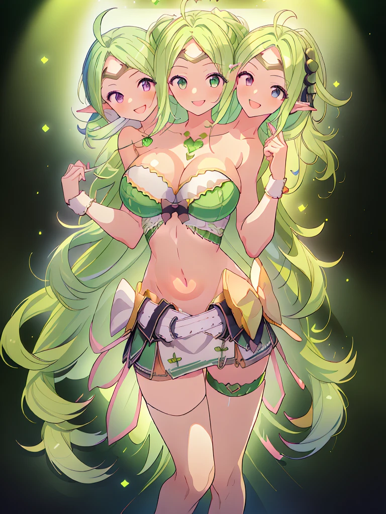 (masterpiece, best quality), best resolution, (3heads:1.5), 1girl, light green hair, long flowing hair, smiling, seductive smile, open belly, light green crop top, light green miniskirt, open breasts, big tits, very huge tits, black headband, detailed eyes, beautiful eyes, alluring presence,