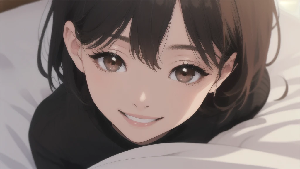 woman、One person、On the bed、Black knit、Looking up、Brown eyes、Black Hair、smile、front、Upper body close-up