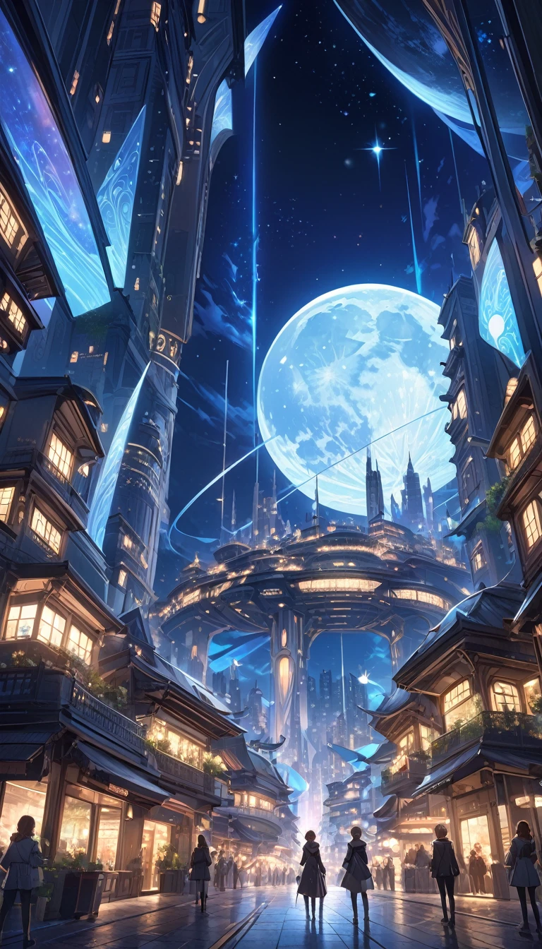 The world of tomorrow, grand details, city, magic, fantastic, night sky, moon, stars, background,