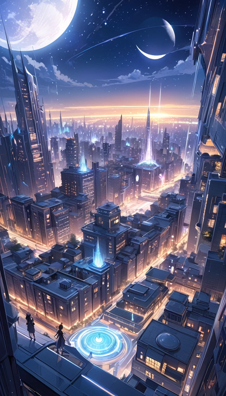 The world of tomorrow, grand details, city, magic, fantastic, night sky, moon, stars, background,
