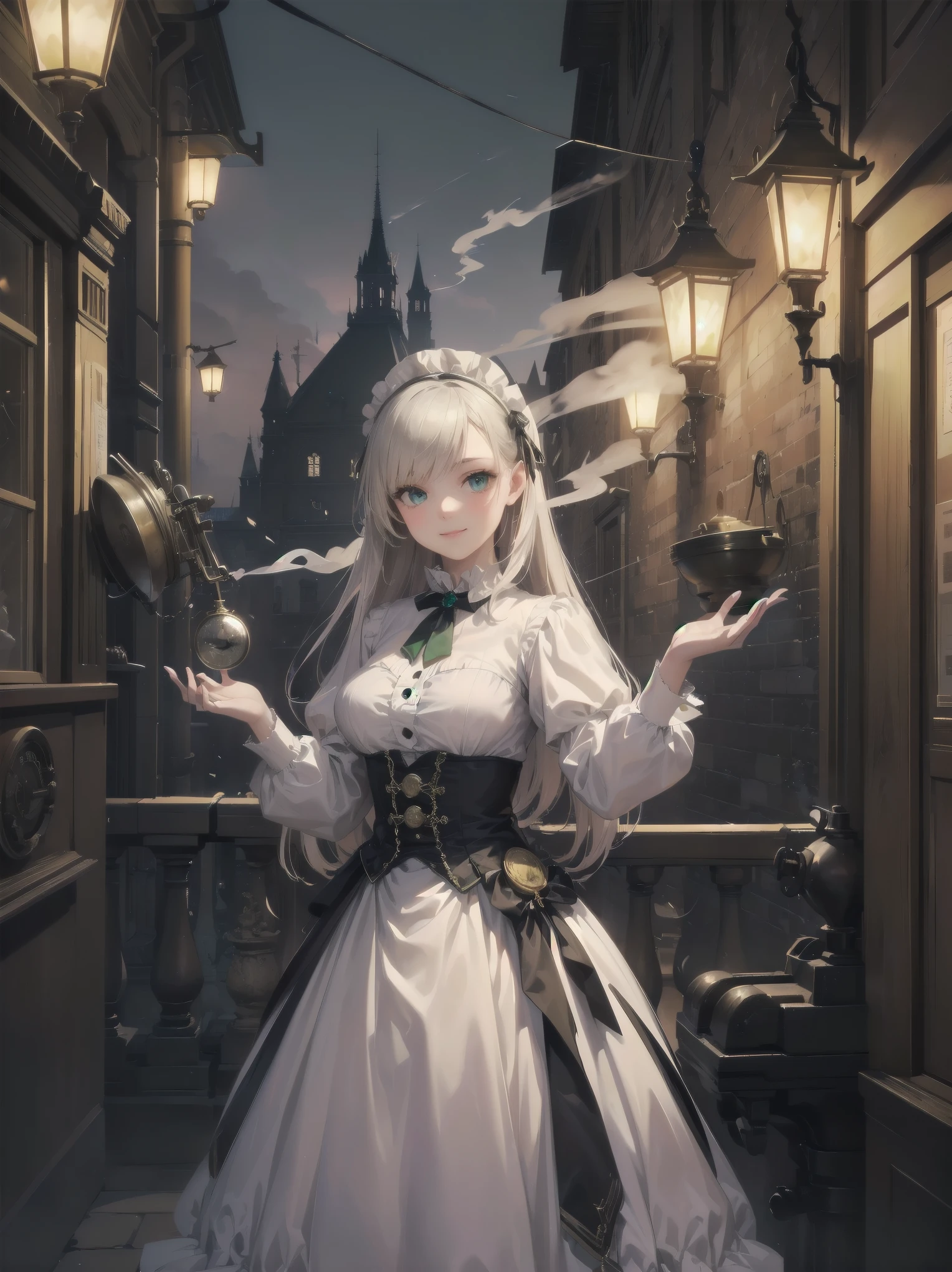 (Highest quality、16K、masterpiece、Ultra-high resolution、Victorian era、Photorealistic:1.2)、A delicate ta girl, aged 13, stands on a castle balcony at dusk, surrounded by the city's skyline and steampunk contraptions. Her platinum hair is messy, framing her androgynous charm. She wears a flowing white dress with a light green tie and holds a pocket watch in hand. A subtle smile plays on her lips as she gazes out at the night view, her eyes shining like sapphires. The air is filled with steam spewing from pipes, adding to the surreal atmosphere. Her skin glows with an ultra-dense texture, and her fingers are full and detailed.

