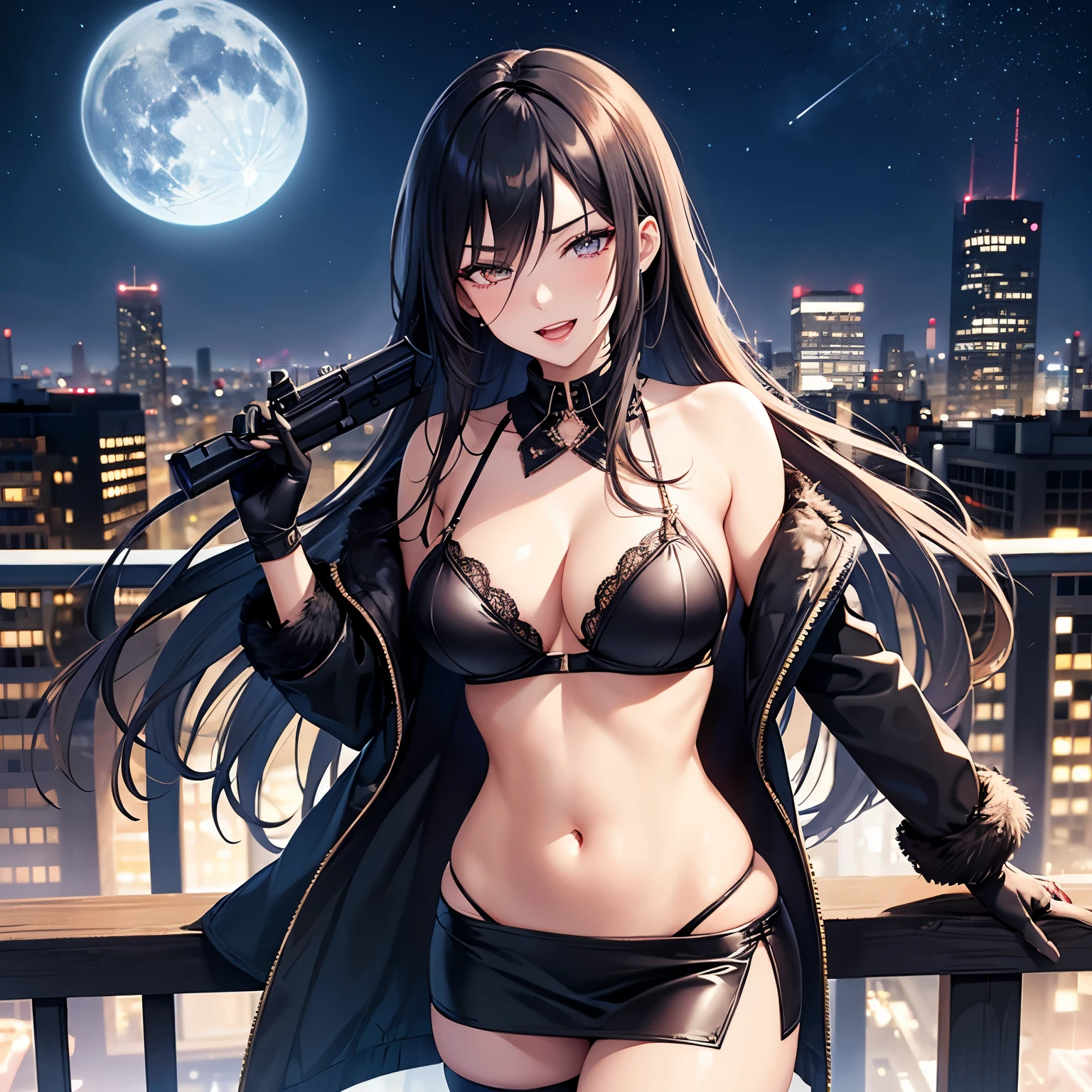 Elegant mature woman, 2girl, two girl ,long hair,mature female,makeup,eyelashes,blush, lipstick, fur trim, mature female, gloves, fur-trimmed coat, outdoors, rooftop, cityscape, building, railing, night sky, scenery, city lights, masterpiece, best quality, highly detailed, a girls with a gun, open mouth, blazer, sexy gaze, (nsfw) not safe for work, badass pose , evil smile, smile, black bra, anime girl with long hair, long haired girl, navel, evil expression, exposed belly, exposed navel, exposed midriff, exposed lower belly, micro miniskirt, micro pencil skirt, pencil skirt ,holding a gun