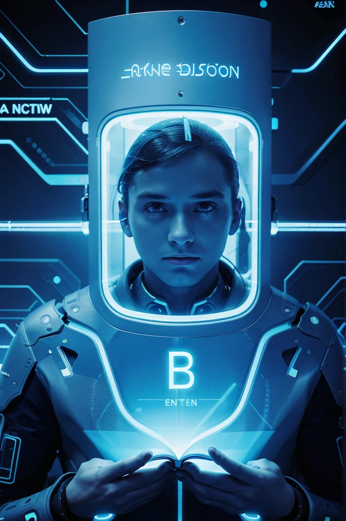 Open book with futuristic connection technology big data. Blue neon background.