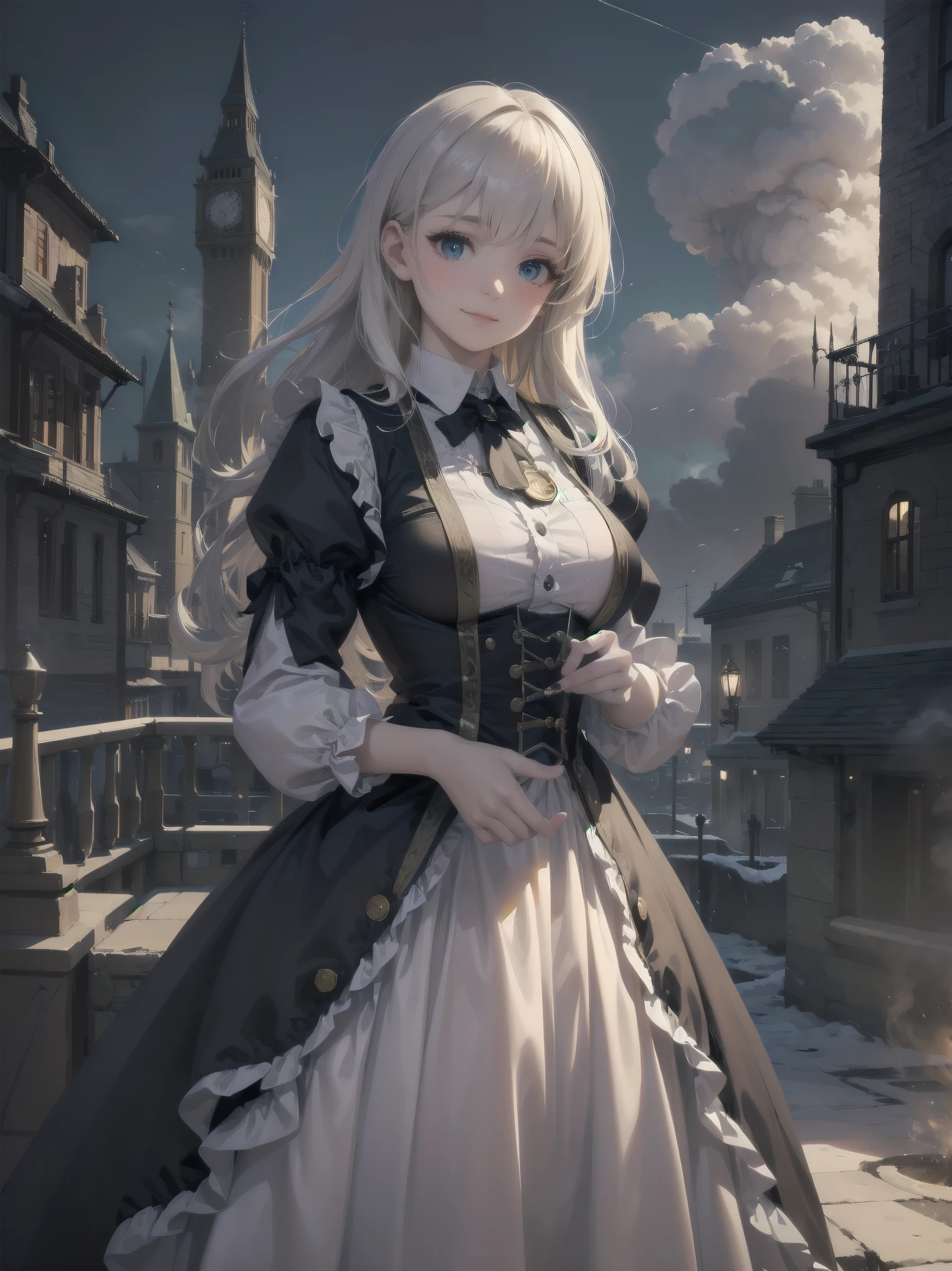 (Highest quality、16K、masterpiece、Ultra-high resolution、Victorian era、Photorealistic:1.2)、A delicate Lolita girl, aged 13, stands on a castle balcony at dusk, surrounded by the city's skyline and steampunk contraptions. Her platinum hair is messy, framing her androgynous charm. She wears a flowing white dress with a light green tie and holds a pocket watch in hand. A subtle smile plays on her lips as she gazes out at the night view, her eyes shining like sapphires. The air is filled with steam spewing from pipes, adding to the surreal atmosphere. Her skin glows with an ultra-dense texture, and her fingers are full and detailed.
