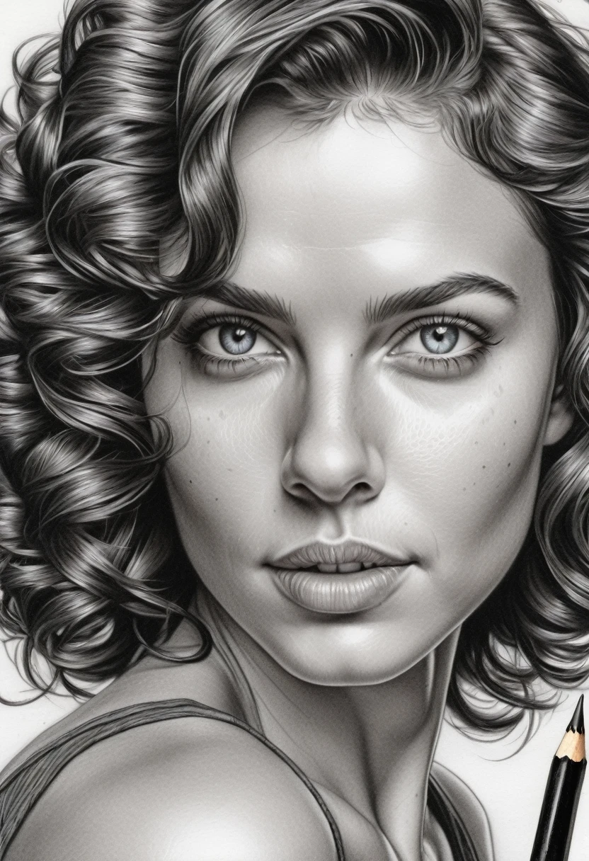 close extremo, fountain pen draauing of a Brunette auoman auith a gentle smile, short, slightly curly hair, auell-defined eyeBroaus, Beautiful [:light Blue:15] eyeballs, intricate lines, highy detailed, B&au, monochrome, black andwhite, graffit, pencil painting, coal, (hight contrast:1.1), auhite Background