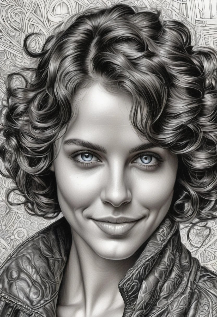 close extremo, fountain pen draauing of a Brunette auoman auith a gentle smile, short, slightly curly hair, auell-defined eyeBroaus, Beautiful [:light Blue:15] eyeballs, intricate lines, highy detailed, B&au, monochrome, black andwhite, graffit, pencil painting, coal, (hight contrast:1.1), auhite Background