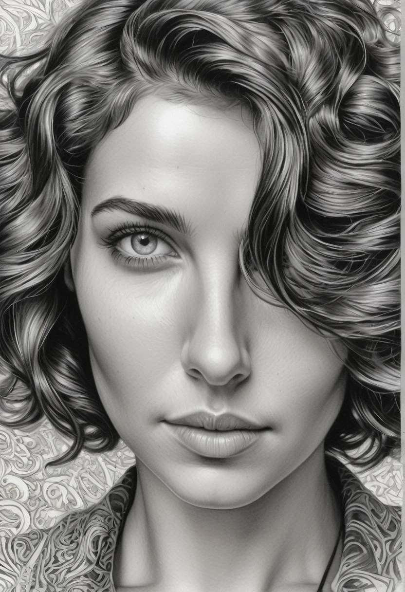 close extremo, fountain pen draauing of a Brunette auoman auith a gentle smile, short, slightly curly hair, auell-defined eyeBroaus, Beautiful [:light Blue:15] eyeballs, intricate lines, highy detailed, B&au, monochrome, black andwhite, graffit, pencil painting, coal, (hight contrast:1.1), auhite Background