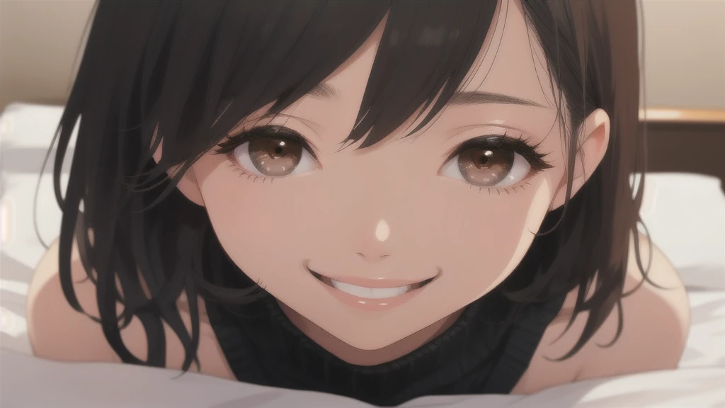 woman、One person、On the bed、Black knit、Looking up、Brown eyes、Black Hair、smile、front、Upper body close-up