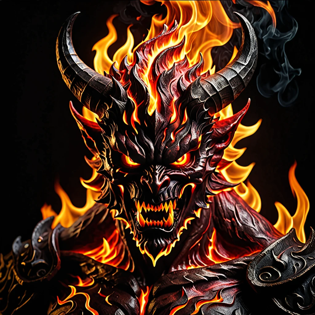 (A demon head made of flames with a threatening gesture), ancient red demon, black and diffuse background, Masterpiece, The best quality, Highly detailed