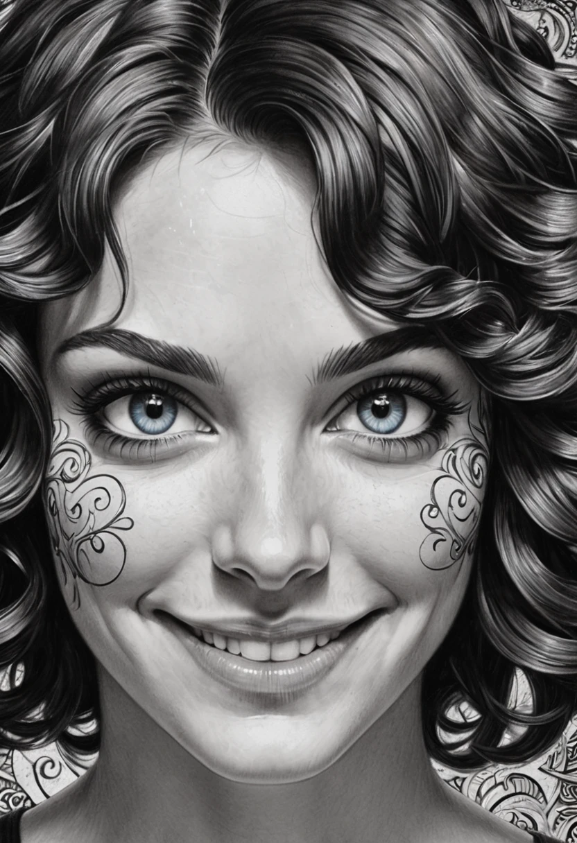 close extremo, fountain pen draauing of a Brunette auoman auith a gentle smile, short, slightly curly hair, auell-defined eyeBroaus, Beautiful [:light Blue:15] eyeballs, intricate lines, highy detailed, B&au, monochrome, black andwhite, graffit, pencil painting, coal, (hight contrast:1.1), auhite Background