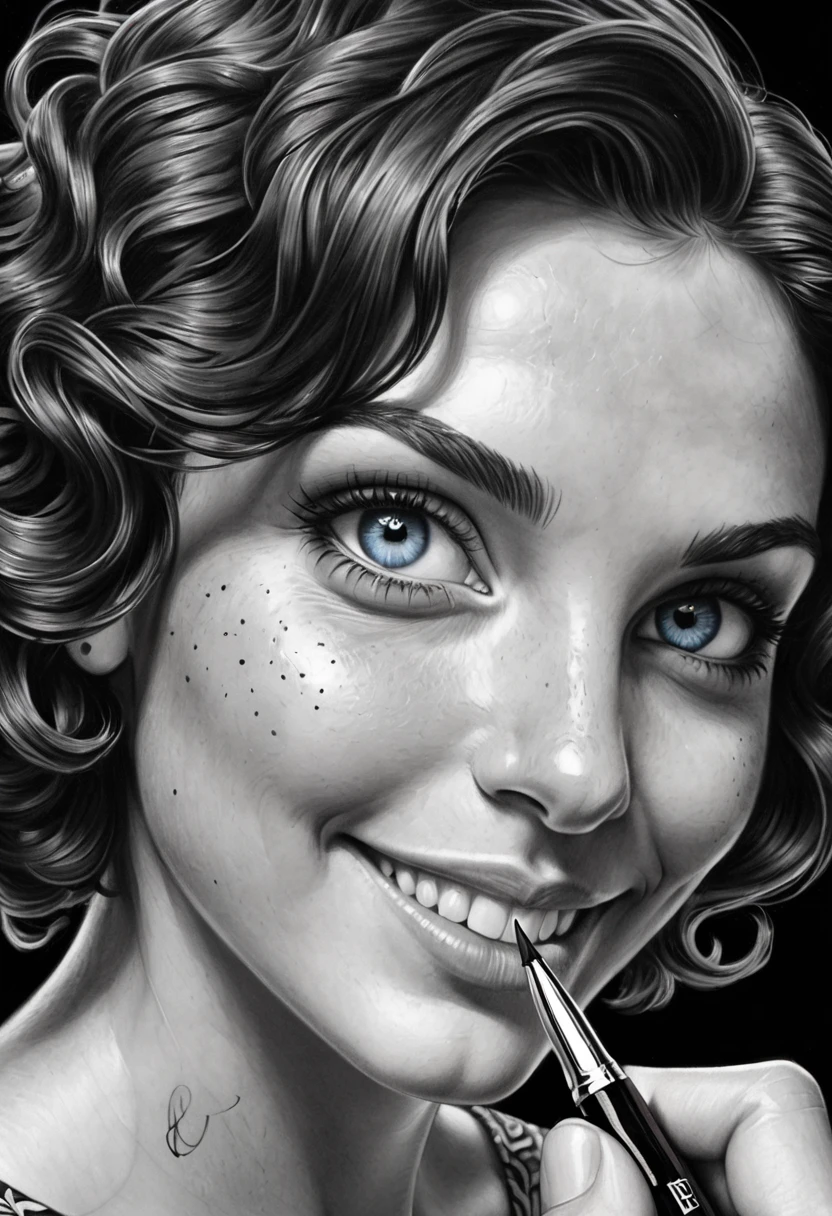 close extremo, fountain pen draauing of a Brunette auoman auith a gentle smile, short, slightly curly hair, auell-defined eyeBroaus, Beautiful [:light Blue:15] eyeballs, intricate lines, highy detailed, B&au, monochrome, black andwhite, graffit, pencil painting, coal, (hight contrast:1.1), auhite Background