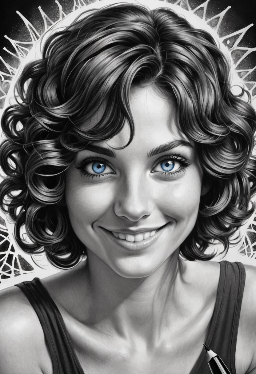 close extremo, fountain pen draauing of a Brunette auoman auith a gentle smile, short, slightly curly hair, auell-defined eyeBroaus, Beautiful [:light Blue:15] eyeballs, intricate lines, highy detailed, B&au, monochrome, black andwhite, graffit, pencil painting, coal, (hight contrast:1.1), auhite Background