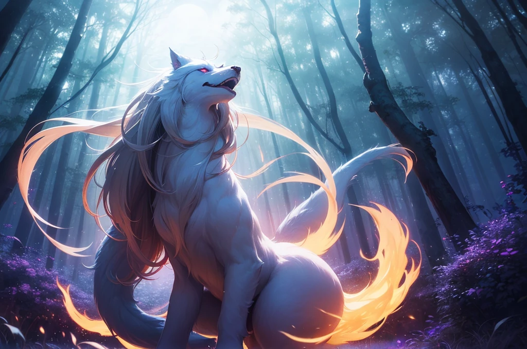 1 Big Wolf, mythical creature, nine tails, (glowing eyes:0.9), red fur, elegant posture, (spiritual aura:1.2), flowing mane, (floating in the air:1.3), mysterious, (wisdom:1.1), seductive, (enchanted forest background:1.4), moonlit night, magical, ancient, (ethereal glow:1.2), (translucent tails:1.1), mythical powers, (misty atmosphere:0.8), divine, (celestial beings:1.3), (fierce protector:1.2), alluring, (fading into shadows:0.9).