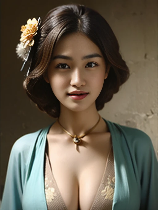 (masterpiece, best quality:1.2)，(Naked)，Young and beautiful woman，Competent，Sexy，Still has charm，Plump and juicy，Large Breasts，Cleavage，，Areola，HOI4 Portrait Wind Image，30 years，No background