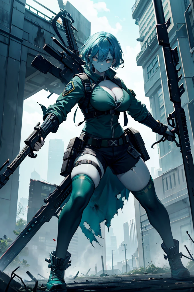 zombie girl teal skin, huge breasts, torn swat clothing, combat shorts, black gloves, blood stains all over her body, blue hair, glowing green eyes, posing as a villain, battle pose (((stance))) , cemetery background , full body focus, hdr.