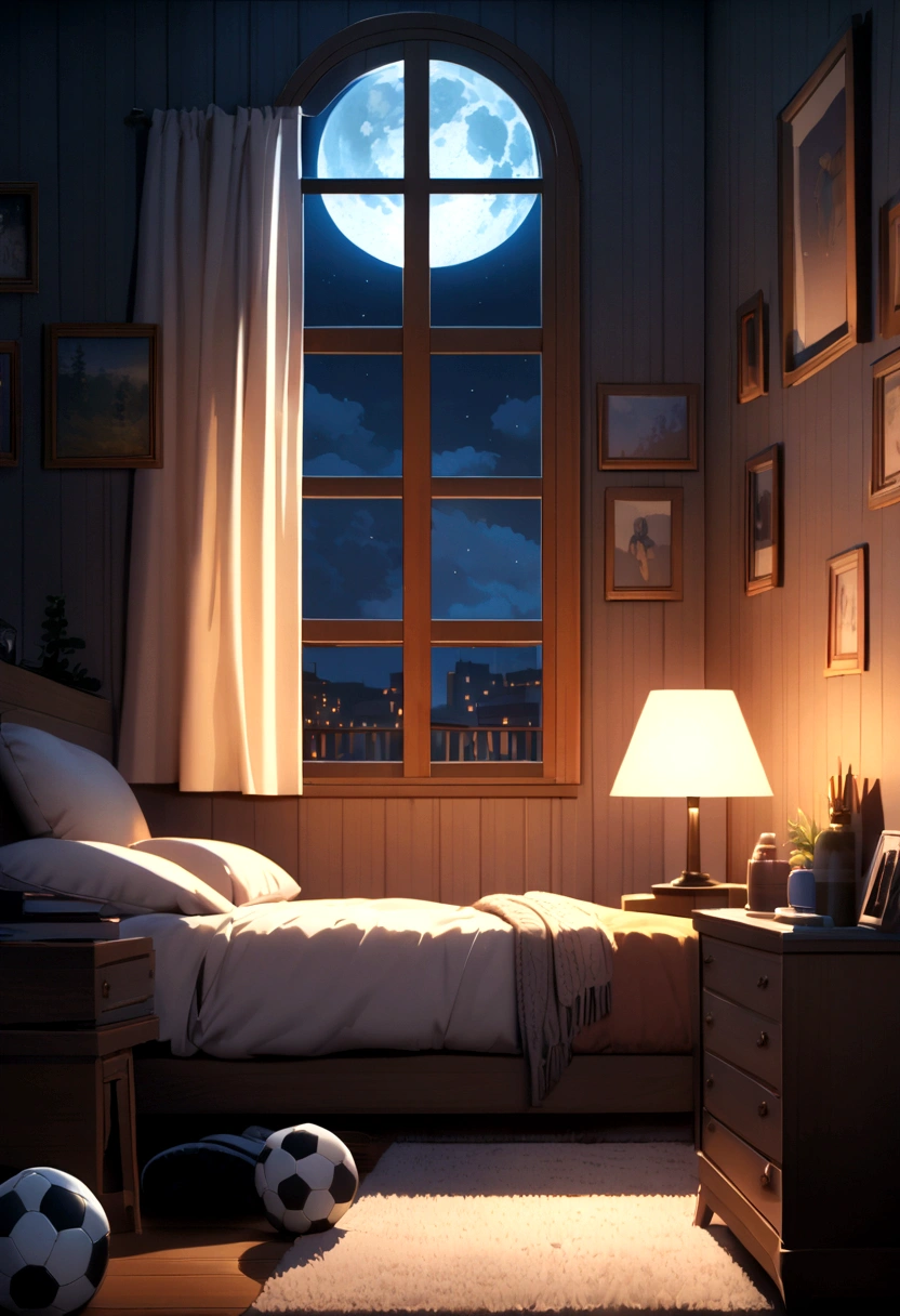 cozy room, night, window, moon, lamp on, soccer ball