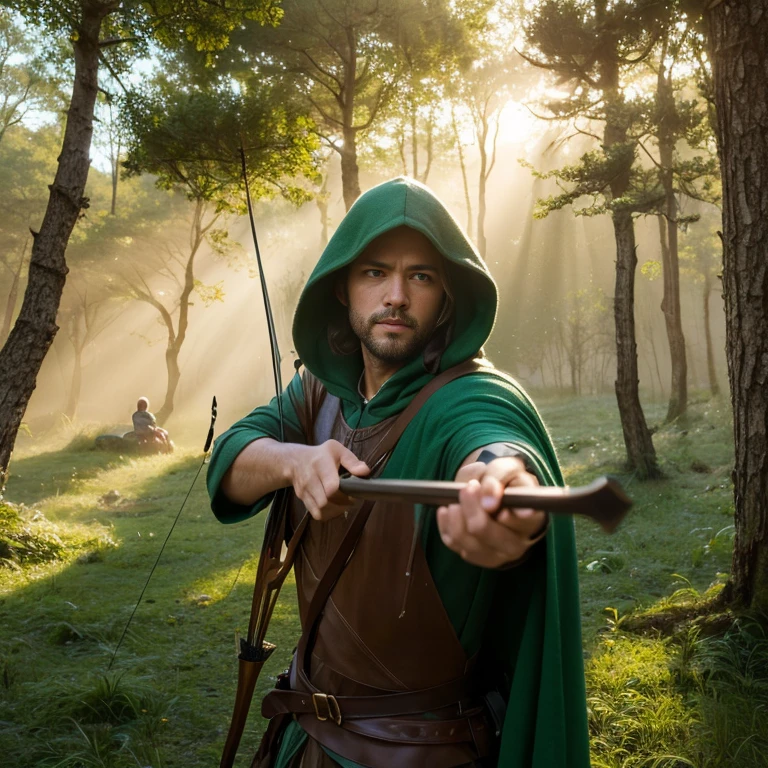 a medieval archer in a forest, green cloak, hood, holding a bow and arrow, heroic pose, highly detailed, photorealistic, dramatic lighting, golden hour, lush green forest, sunbeams, (best quality,4k,8k,highres,masterpiece:1.2),ultra-detailed,(realistic,photorealistic,photo-realistic:1.37),cinematic,epic,fantasy,dramatic