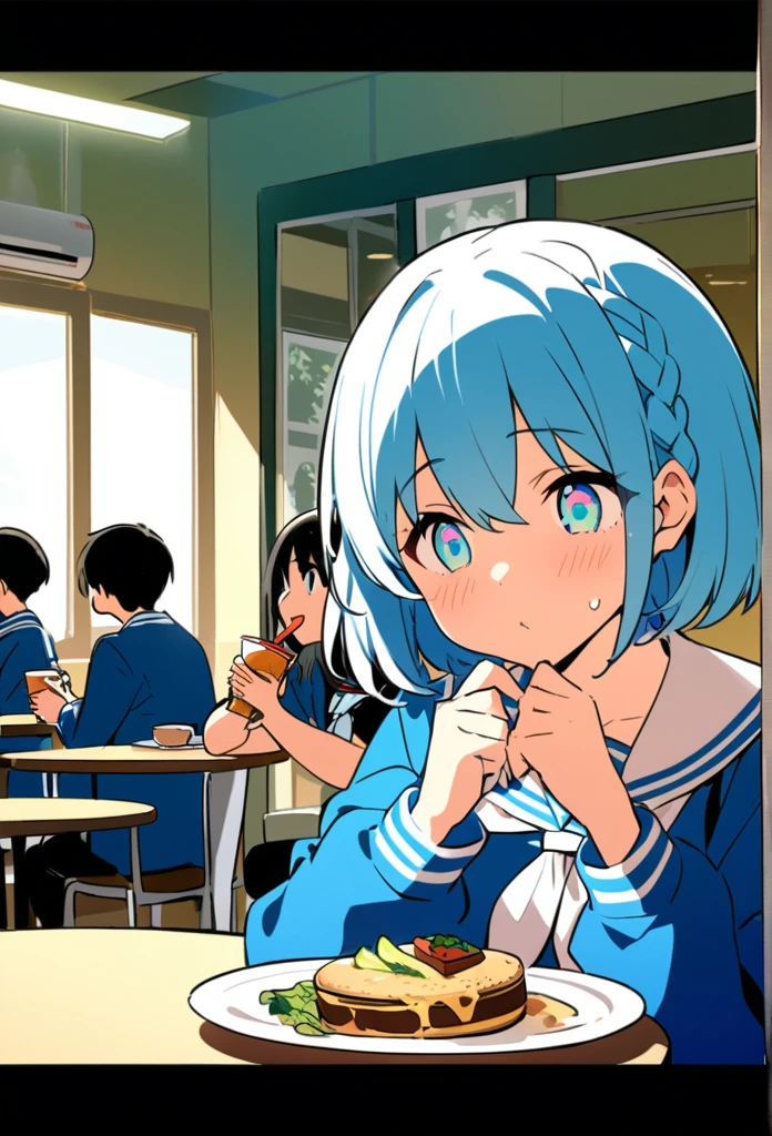 You are a professional illustrator。Please carefully check and draw the illustration according to the following conditions.。High school students enjoying their lunch in a crowded cafeteria、Delicate and beautiful anime face、Clear Eyes、Sailor suit、Braided short hair、