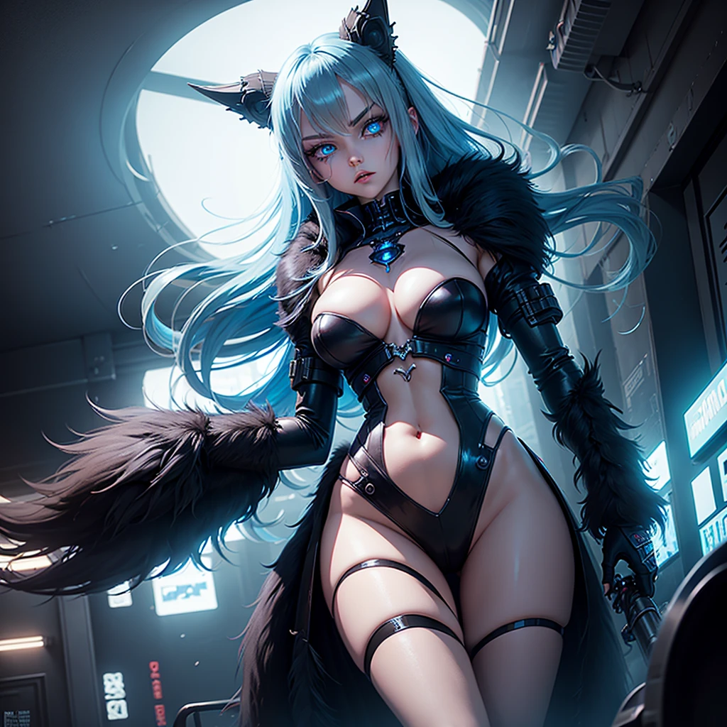 View from below, angle from below Girl Android demonic gloomy with long blue hair woman with sexy hips half cyborg modification Beautiful fur blue eyes stands at full height Anime Style black background Cyberpunk style, black background image of night black city and blue neon lights fluorescent lamps