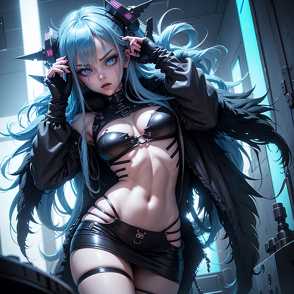 View from below, angle from below Girl Android demonic gloomy with long blue hair woman with ???? ???? half cyborg modification Beautiful fur blue eyes stands at full height Anime Style black background Cyberpunk style, black background image of night black city and blue neon lights fluorescent lamps