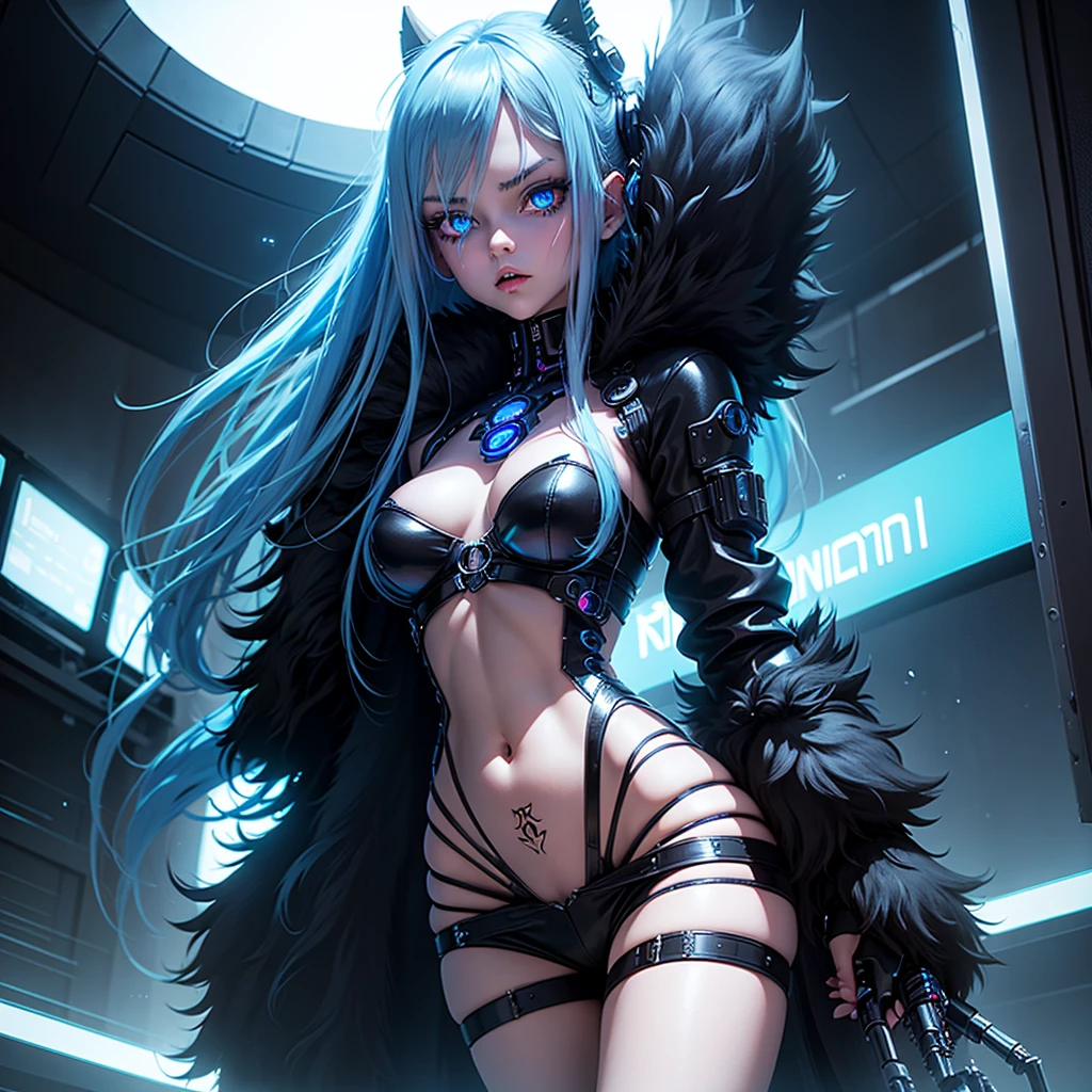 View from below, angle from below Girl Android demonic gloomy with long blue hair woman with sexy hips half cyborg modification Beautiful fur blue eyes stands at full height Anime Style black background Cyberpunk style, black background image of night black city and blue neon lights fluorescent lamps