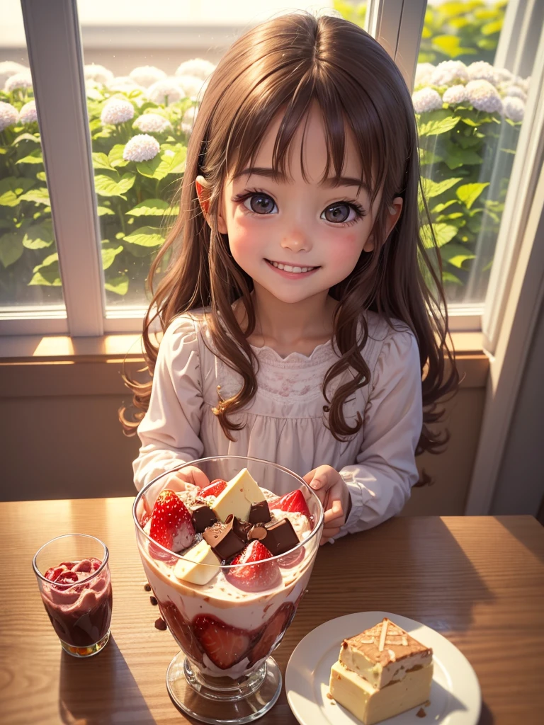 Best picture quality, young girl of 3 years old, delicious looking parfait of strawberries and chocolate in a tall glass on the table, laughing and eating parfait, best smile, very pretty girl, amazingly very large shining eyes, long eyelashes, chestnut hair, neat , friendly and bright smile, hydrangea blooming outside the window,