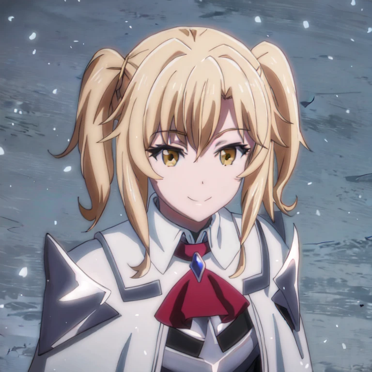 GoblinSlayer, NobleFencer, solo, girl1, looking at viewer, smile, long sleeves, brown eyes, long white cape, armor, shoulder armor, portrait, red ascot, snow, outdoor, upper body view, cowboy shot
