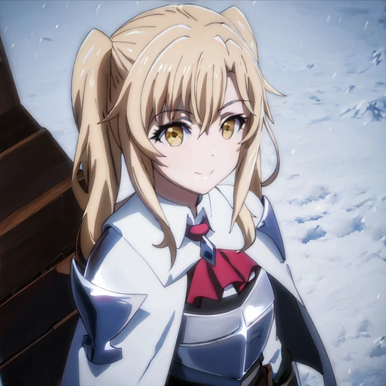 GoblinSlayer, NobleFencer, solo, girl1, looking at viewer, smile, long sleeves, brown eyes, long white cape, armor, shoulder armor, portrait, red ascot, snow, outdoor, upper body view, cowboy shot