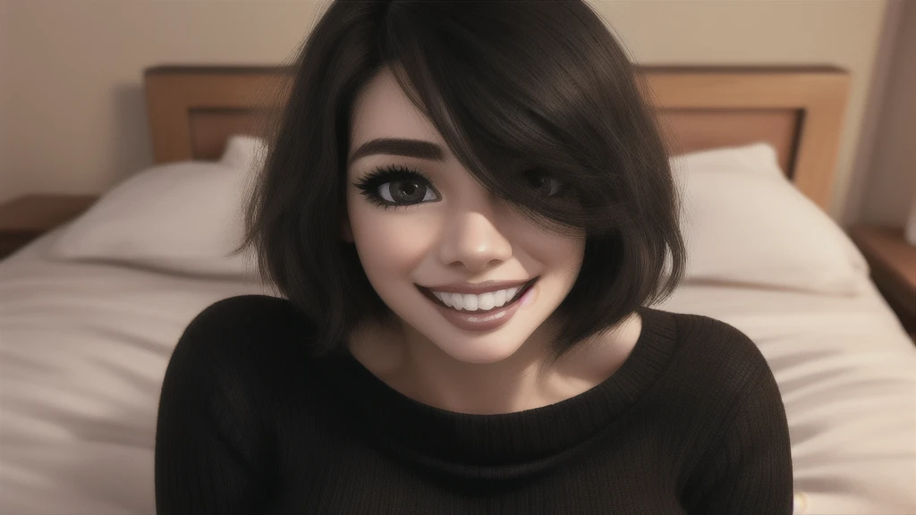 woman、One person、On the bed、Black knit、Looking up、Brown eyes、Black Hair、smile、front、Upper body close-up