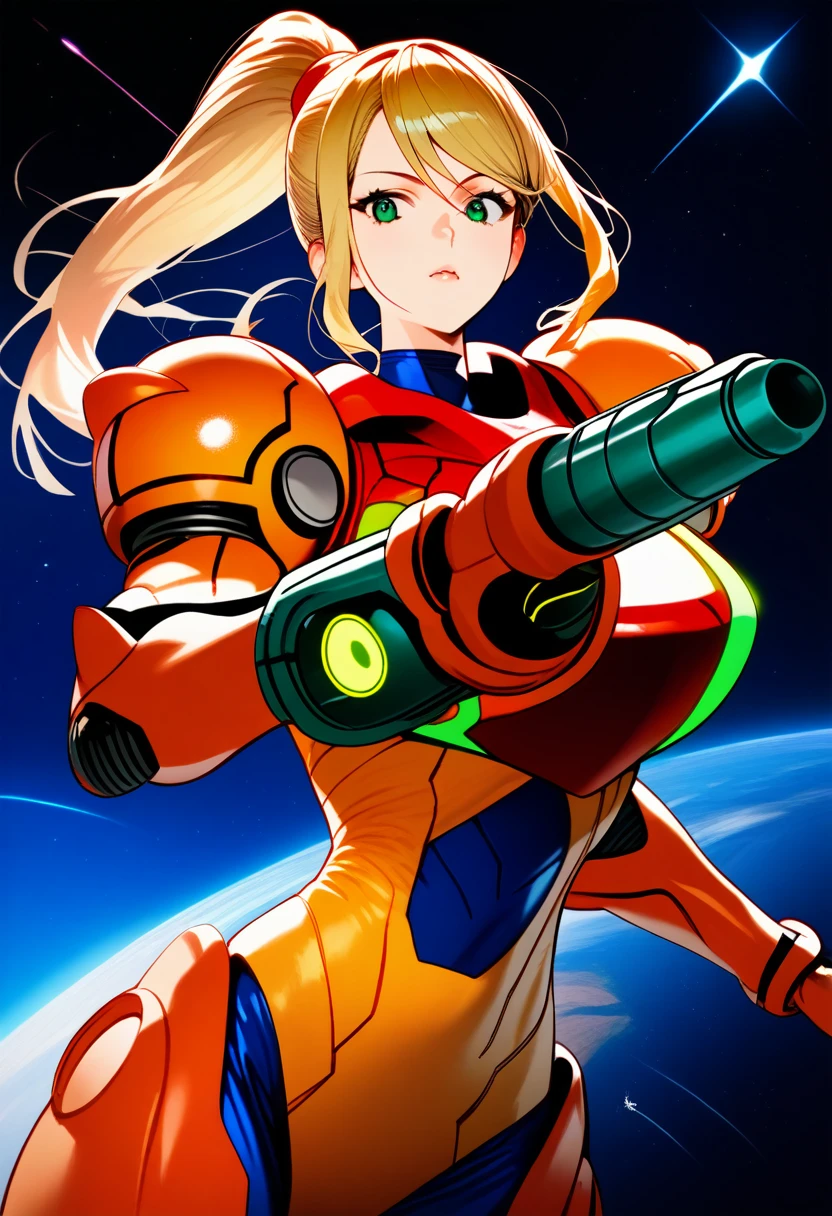 (best quality),female, long hair, ponytail, bangs, power suit(metroid),arm cannon,space background,ultra-detailed,sharp focus,aesthetic, score_9, score_8_up, score_7_up,source_anime,
