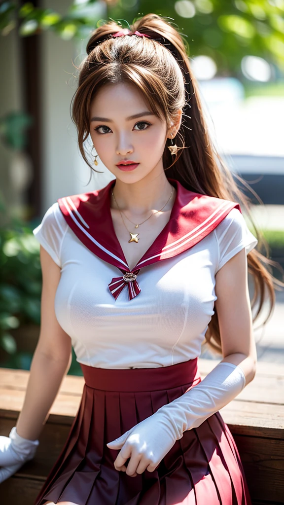 (, high resolution, Ultra Detailed, nffsw), On the table, best quality, SAMA1, Tira, Sailor warrior, White gloves, Red sailor collar, Red Skirt, Star necklace, Elbow groove, Pleated Skirt, Bare legs, Purple bow, Cowboy photoshoot, outdoor, Bokeh (85mm lens), Front camera, Gentle expression, wind blowing hair, fluffy hair, hair ((Brown)), Ponytail, Casual hairstyles, Blonde hair, Mole under left eye, Perfect body, Big breasts, Large Breasts, Top quality wearing hair ribbons, Earrings of top quality,