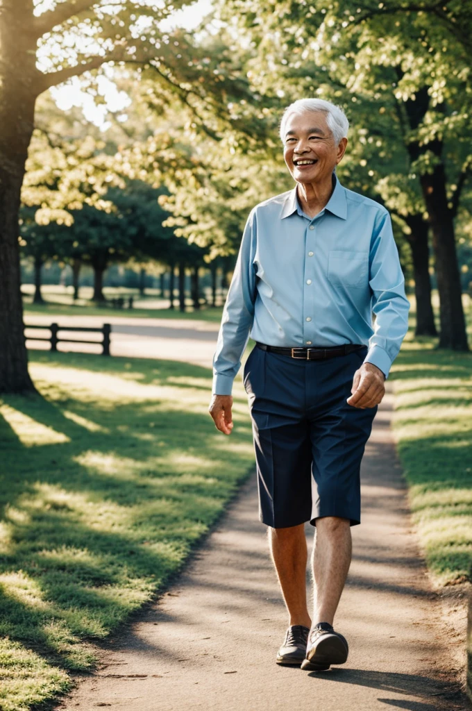 Senior person walking in the park smiling