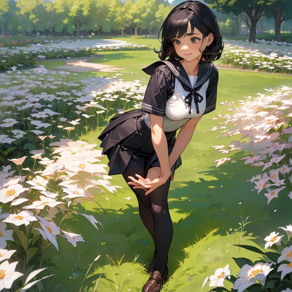 (Highest quality, High resolution, Super detailed, Realistic:1.37), Peaceful atmosphere, (Outdoor, garden), Teenage girl standing alone,(my breasts are big.),Beautifully detailed features, Cute Smile, ((Black bob hair)),Short-sleeved sailor uniform, Pleated skirt,Black tights,Brown leather shoes.