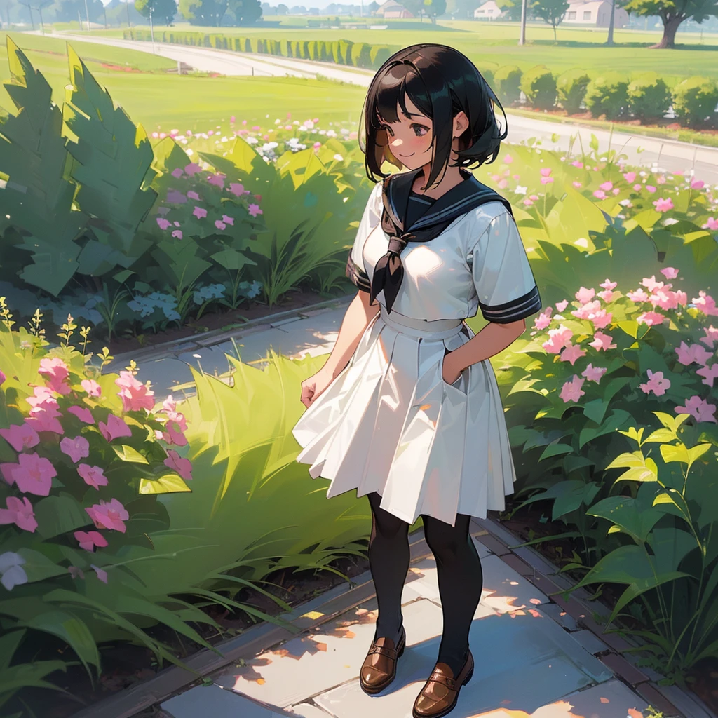 (Highest quality, High resolution, Super detailed, Realistic:1.37), Peaceful atmosphere, (Outdoor, garden), Teenage girl standing alone,(my breasts are big.),Beautifully detailed features, Cute Smile, ((Black bob hair)),Short-sleeved sailor uniform, Pleated skirt,Black tights,Brown leather shoes.