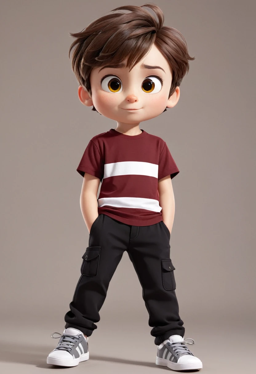 a 12 years with brown hair He wears a dark red t-shirt with white stripes, black pants and gray shoes