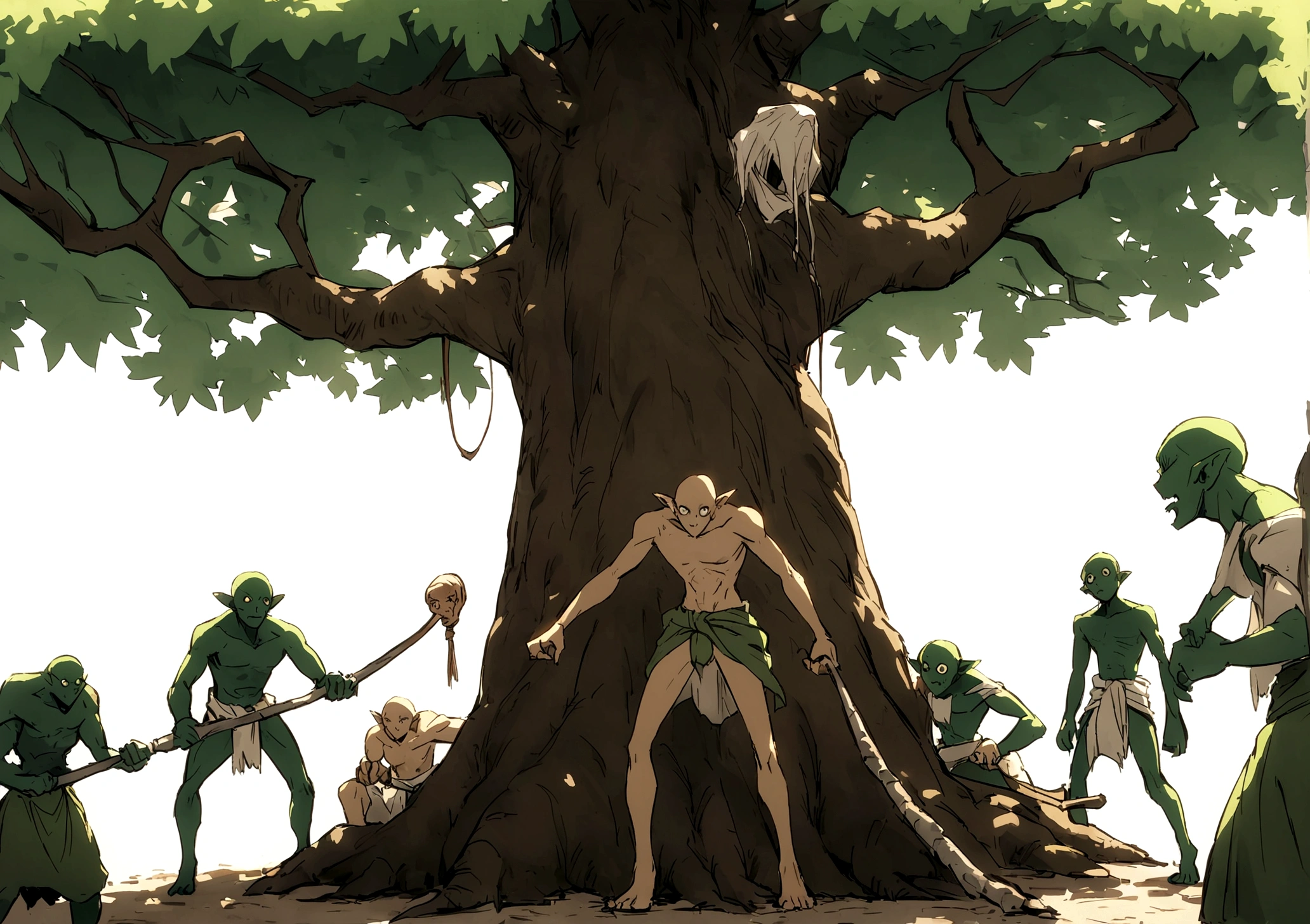 fantasy medieval goblins scary small green no armour no cloths looks savage and barbaric wearing cloth around his waist scary looking full body turn around skinny no muscles, white background tiny boney hanging in a tree scary looking straight anime