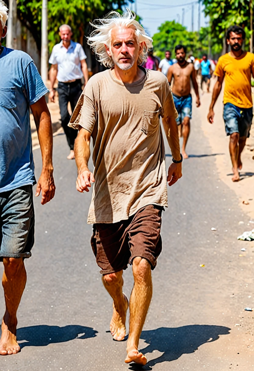 1 beggar white man running, the man has white hair, the man looks ahead, wears a brown t-shirt in rags, barefoot,
