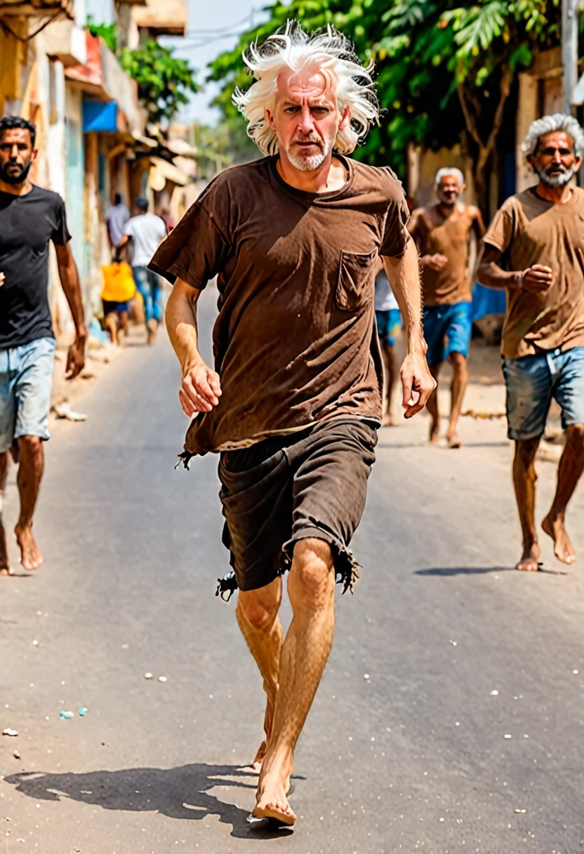 1 beggar white man running, the man has white hair, the man looks ahead, wears a brown t-shirt in rags, barefoot, 