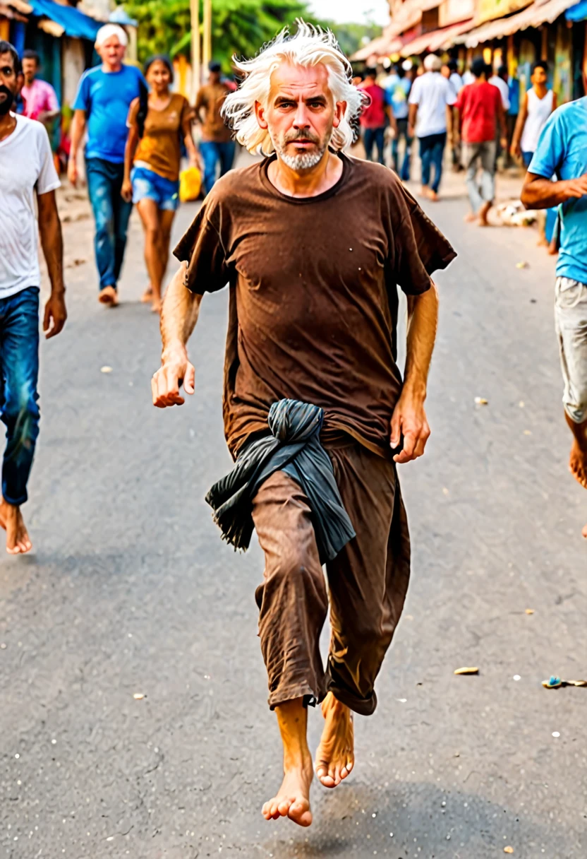1 beggar white man running, the man has white hair, the man looks ahead, wears a brown t-shirt in rags, barefoot,